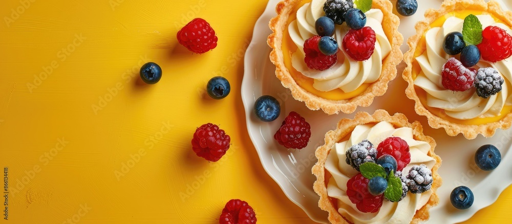 Poster delicious tartlets topped with whipped cream and berries on a bright yellow backdrop with copy space