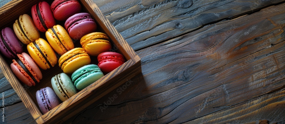 Poster colorful french macaroons in a wooden box displayed on a table for a restaurant, bakery menu, or rec