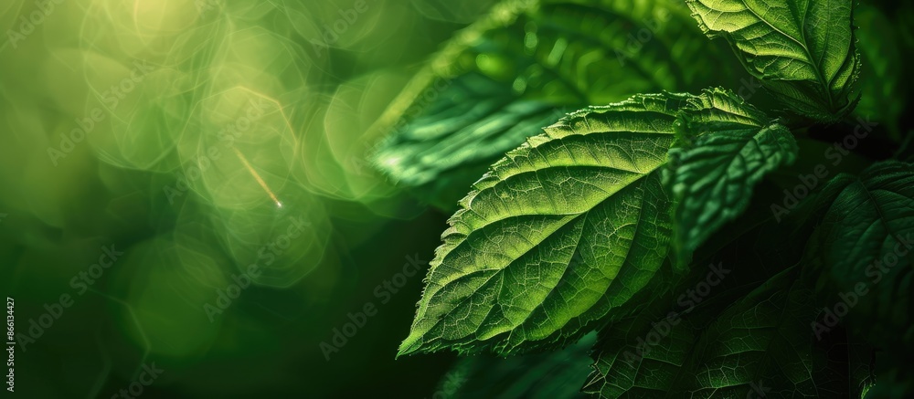 Poster blurry background of a leaf in green hues, perfect as a copy space image.