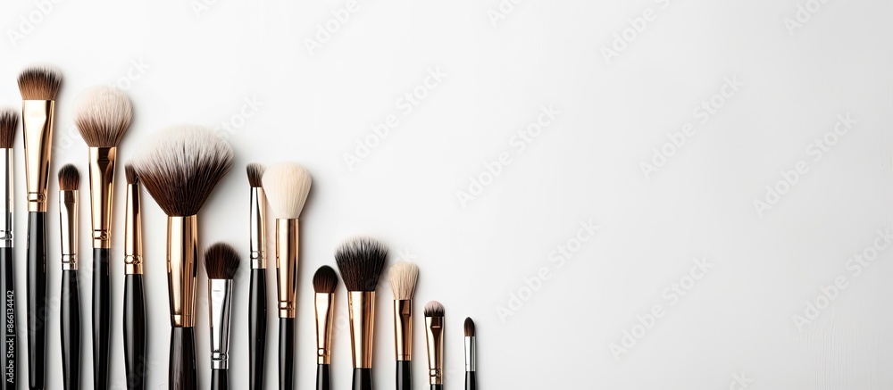 Poster Beauty makeup salon's professional make-up brushes displayed against a white backdrop with a panoramic view. Includes a flat lay layout with copy space image.