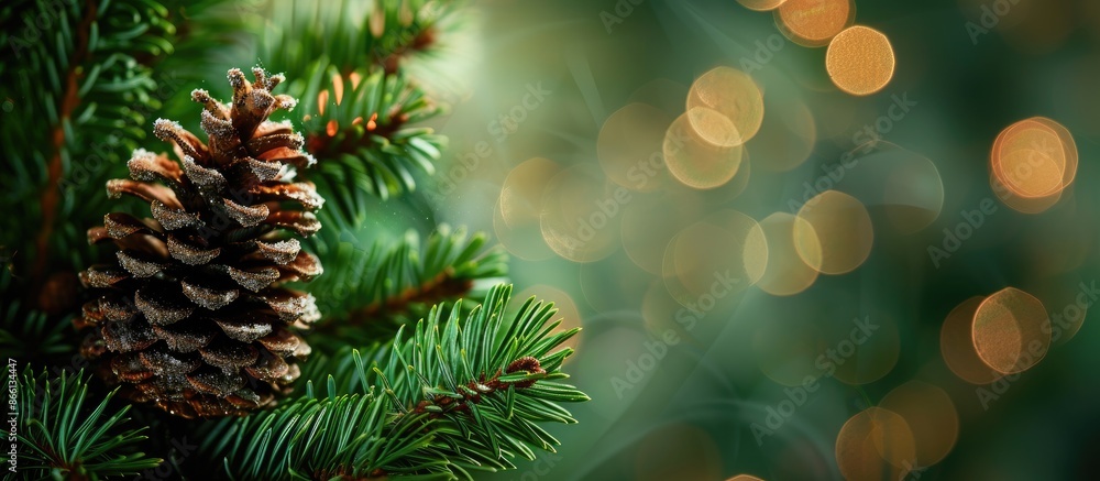 Poster close-up image of a pinecone on a spruce against a lush green backdrop, symbolizing christmas and ne