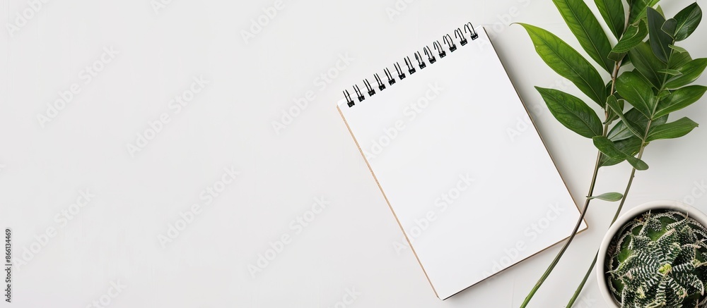 Poster Flat lay of a spiral notepad on a table with a white background, offering copy space image.