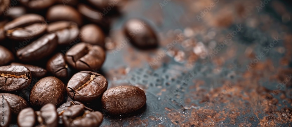 Poster Detailed shot of roasted coffee beans with ample space for text or graphics, perfect for a copy space image.