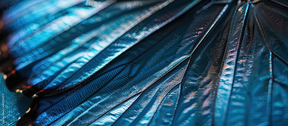 Poster Close-up image of Ulysses butterfly wings with a unique texture creating a background suitable for copy space with a selective focus.