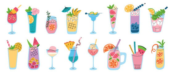 Vector illustration set of lemonade, cocktails, mocktails with various flavors for parties, summer drinks with watermelon, strawberry, iced beverages with cucumber and mango. Cute colorful flat design