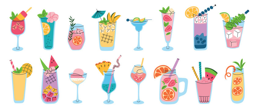 Vector illustration set of lemonade, cocktails, mocktails with various flavors for parties, summer drinks with watermelon, strawberry, iced beverages with cucumber and mango. Cute colorful flat design