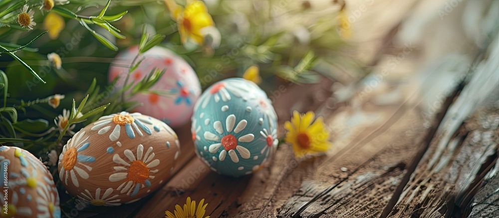 Aufkleber close-up view of easter decorations with painted eggs on a wooden table with copy space image.