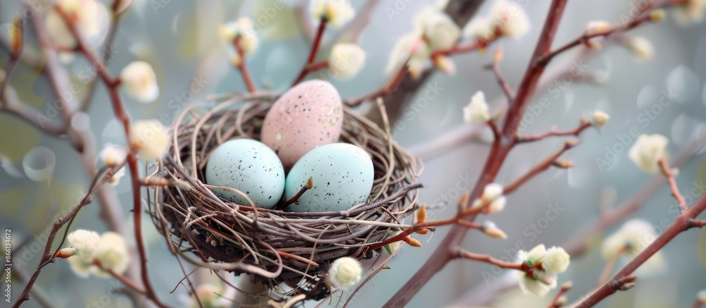 Poster easter greeting card featuring pastel colored eggs in a nest surrounded by pussy willow branches, cr