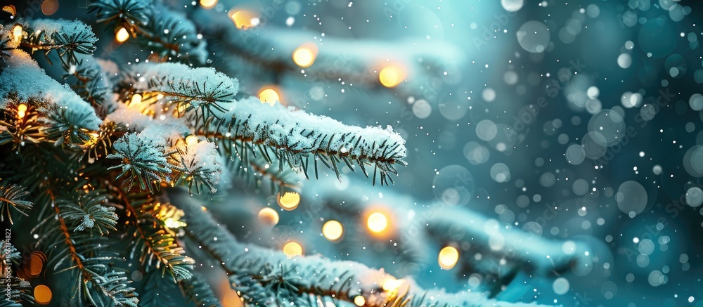 Poster Close-up image of snowy coniferous branches adorned with lights, creating a winter Christmas abstract background ideal for use as a copy space image.