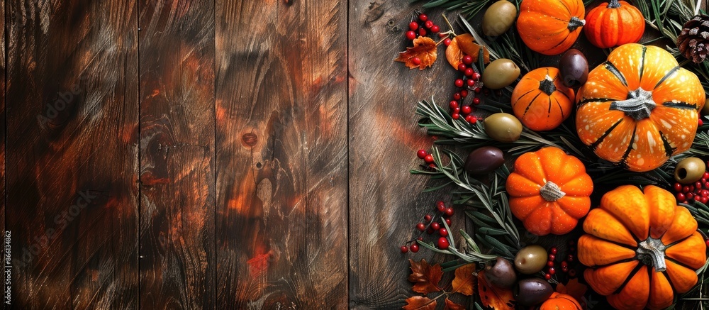 Aufkleber festive thanksgiving theme with vivid pumpkins and olives arranged on a wooden surface for a flat la