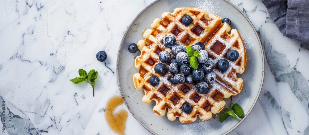 Poster tasty belgian waffle topped with blueberries, maple syrup, and powdered sugar on a marble background