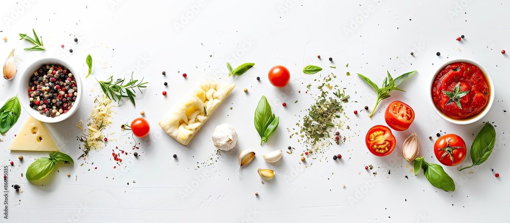 Poster fresh ingredients for making pizza on a white background with copy space image.