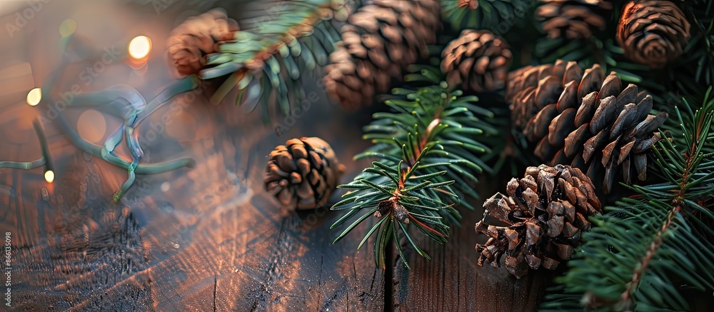 Poster A festive display for Christmas and New Year, featuring pine cones and spruce branches on a wooden backdrop as a copy space image.