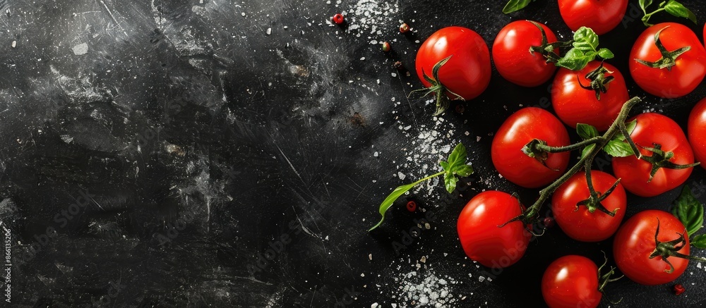 Poster image showing tomatoes on a black background with white paper, including ample copy space.