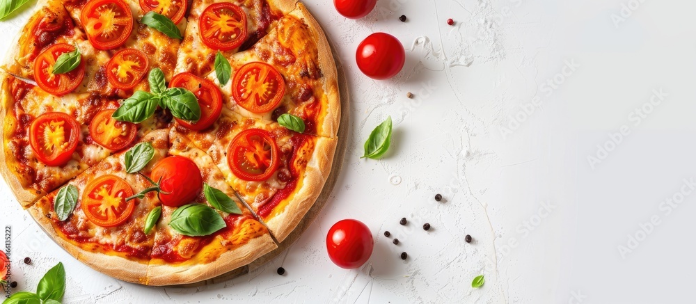 Aufkleber Top view of a delicious pizza topped with fresh tomatoes on a white background with copy space image.