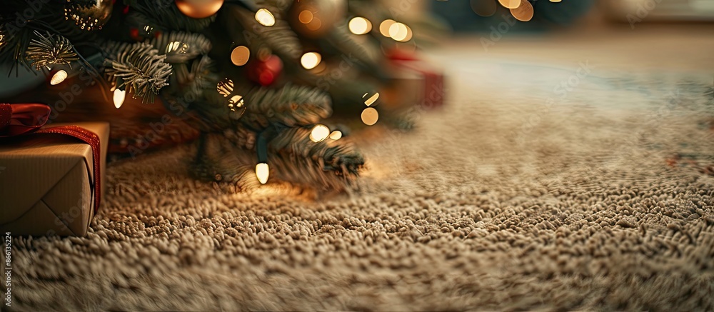 Poster Close-up view of a Christmas tree with presents on a carpet, featuring ample copy space for an image.