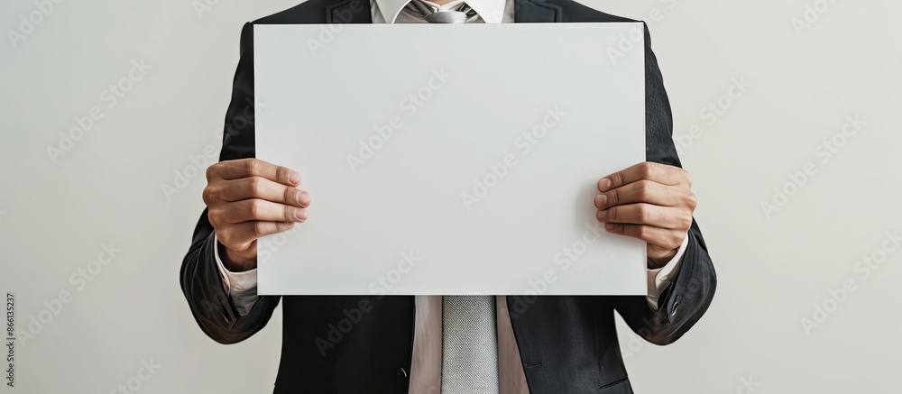 Poster a businessman displaying a blank white board with copy space image.