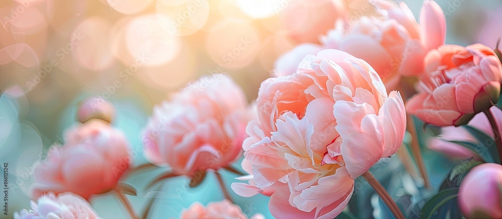 Poster close-up view of stunning peonies with a blurred background, providing copy space image.