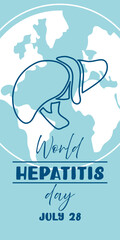 World Hepatitis Day banner is used for vector design of postcards with a minimalist and modern concept, cover, background, liver, internal organs, international. Outline illustration on blue. Vertical