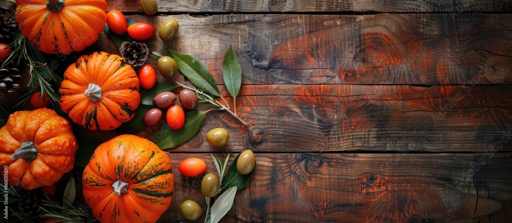 Poster festive thanksgiving theme with vivid pumpkins and olives arranged on a wooden surface for a flat la