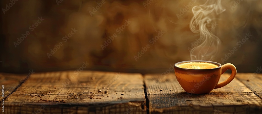 Aufkleber Begin the day with a steaming espresso in a small ceramic cup atop a wooden table with room for text or images in the background, ideal for showcasing products. copy space available