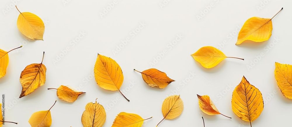 Poster White background with yellow autumn leaves arranged neatly for a minimalist style, featuring copy space image.