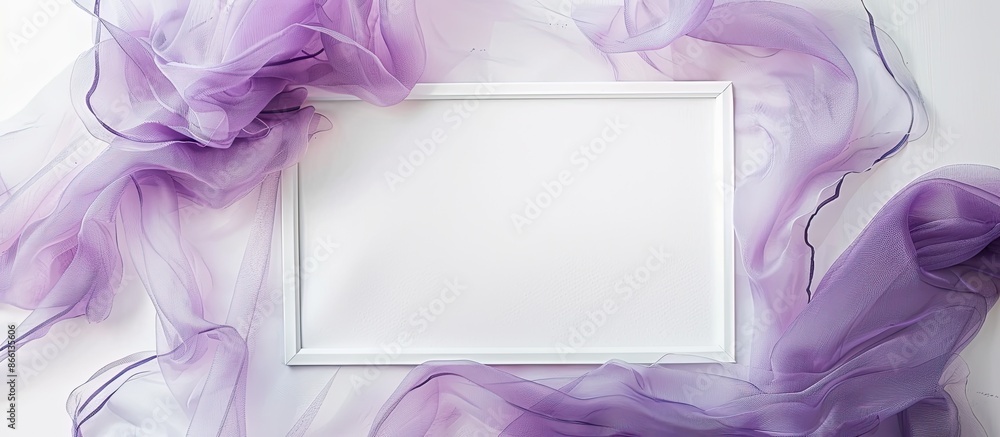 Aufkleber White paper sheet with watercolor frame on white fabric backdrop with violet background and copy space image.