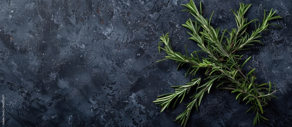 Poster top view of rosemary herbs on a dark stone background with ample copy space image.