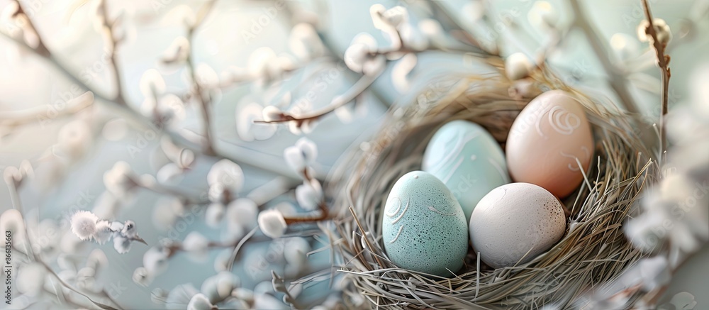 Poster Easter greeting card featuring pastel colored eggs in a nest surrounded by pussy willow branches, creating a serene scene with copy space image.