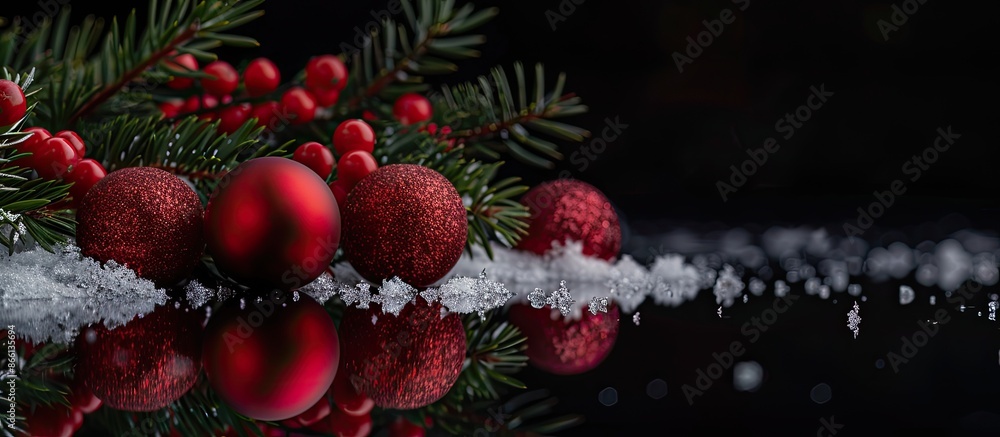 Poster Copy space image of festive red Christmas tree ornaments and green fir branches with red balls, set against a black background with snow and reflection.