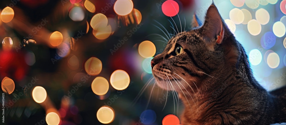 Poster bokeh christmas lights gently blurred in the background with a cat in the foreground, creating a coz