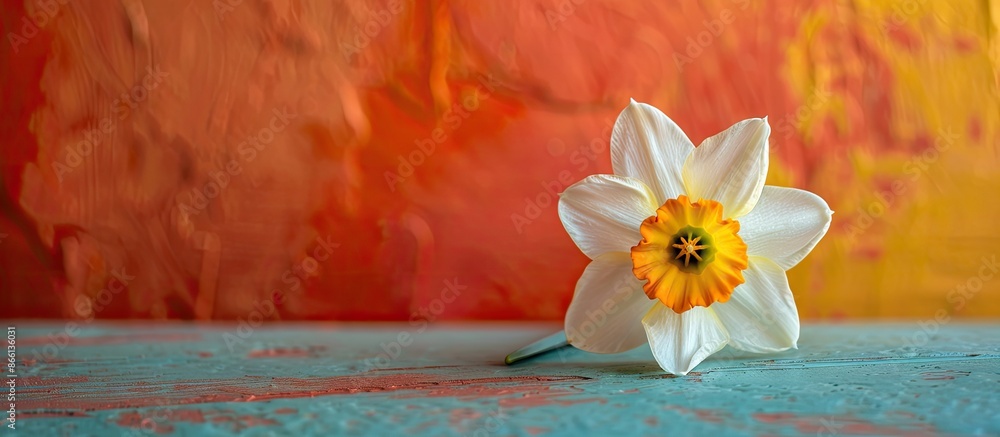 Poster narcissus flower displayed on a vibrant backdrop, with copy space image.