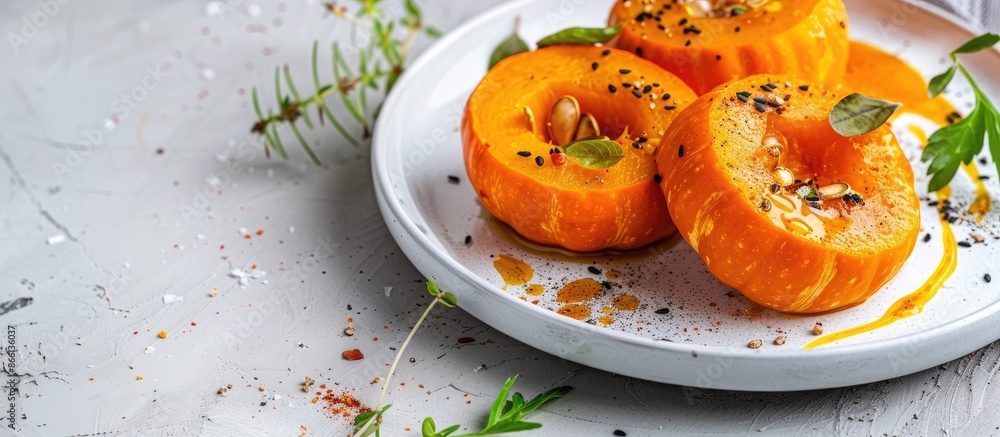Aufkleber pumpkin dish perfectly presented on a white plate with space for text or image. copy space available