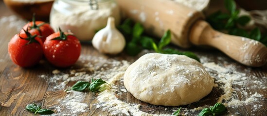 Fototapeta premium Dough for small homemade pizzas, great for kids' parties, with room for toppings, depicted in a copy space image.