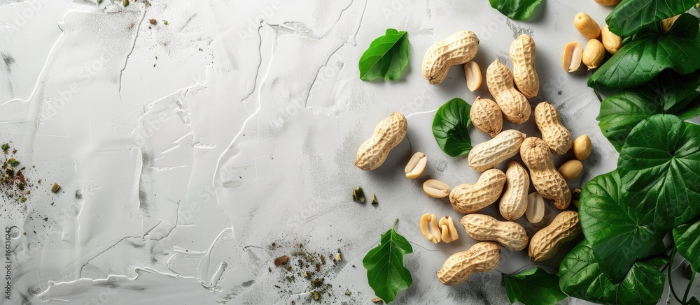 Poster White table with fresh peanuts and leaves arranged neatly, ideal for adding text in copy space image.