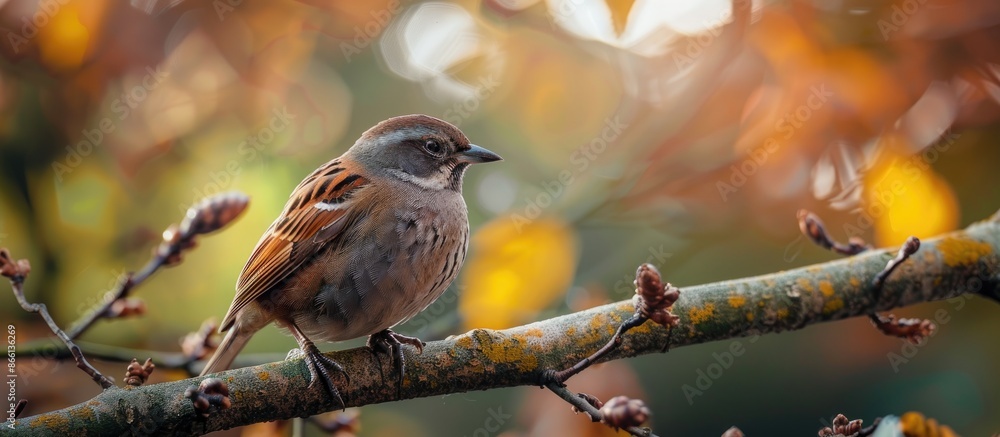 Wall mural a dunnock bird sitting on a tree branch with copy space image.