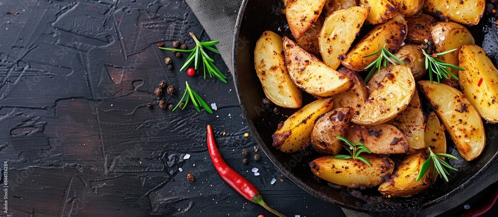 Aufkleber potato wedges cooked with spices in a frying pan with room for copy space image.