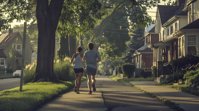 Young couple in their late twenties running side by side on a quiet suburban street.