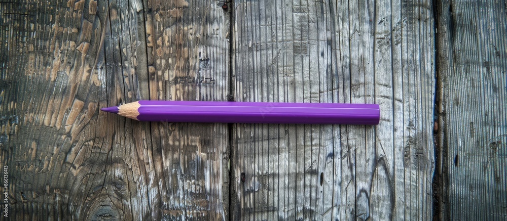 Aufkleber an aerial shot of a purple pencil and paperclip on a wooden backdrop with space for an image. copy s