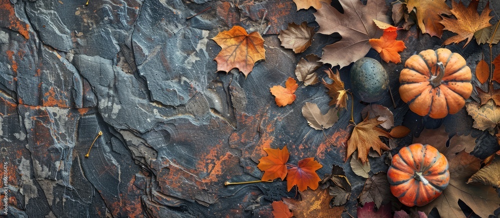 Aufkleber autumn theme decor featuring pumpkin and autumn leaves on a stone backdrop. top view with ample copy