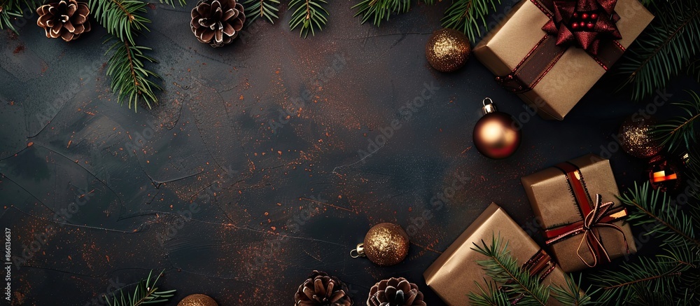 Poster top view frame with copy space image featuring christmas decorations, a fir tree branch, and a gift 