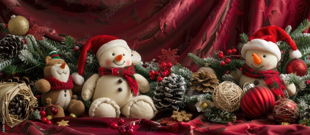 Poster a festive arrangement of christmas toys displayed against a fabric backdrop with available copy spac