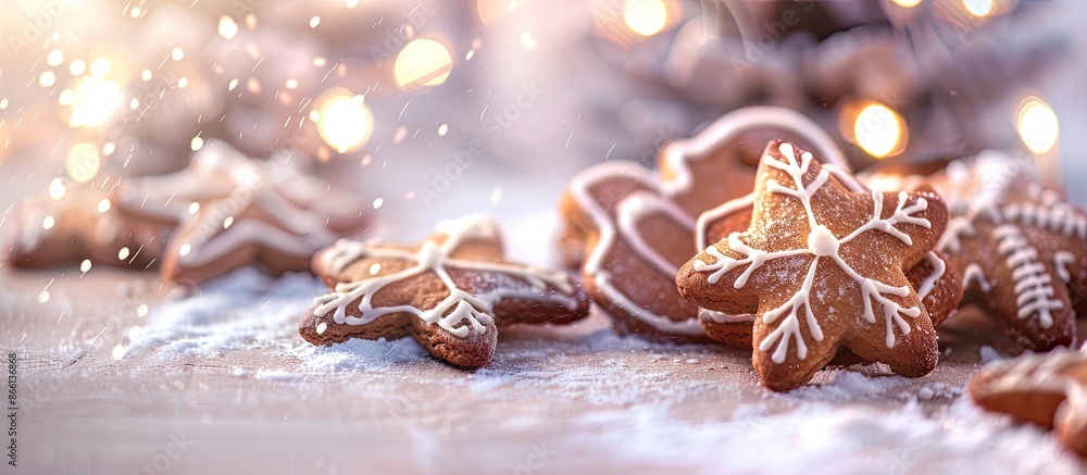Poster a festive new year background featuring twinkling lights, gingerbread accents, and a symbol of celeb