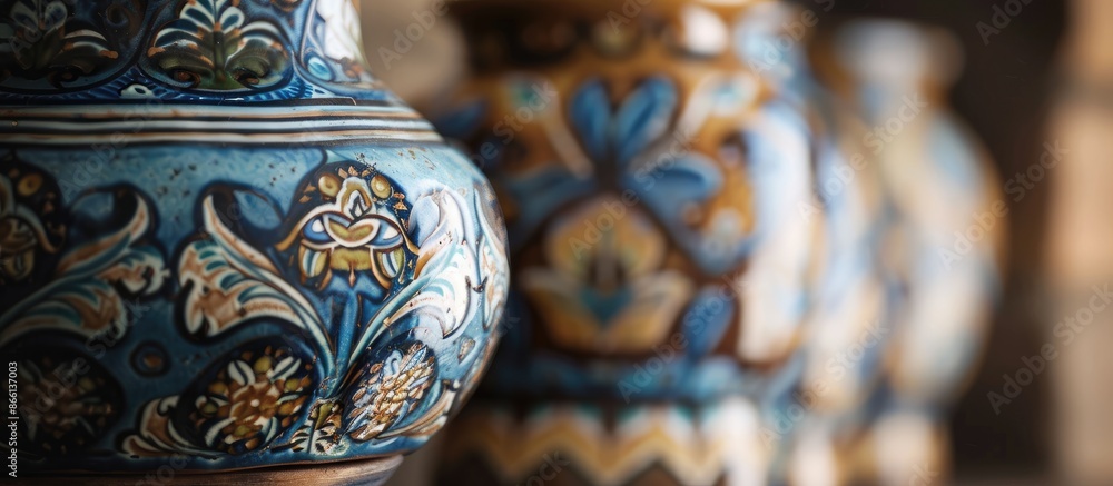 Poster handmade ceramic in traditional style pictured up close with soft focus, ideal for copy space image.