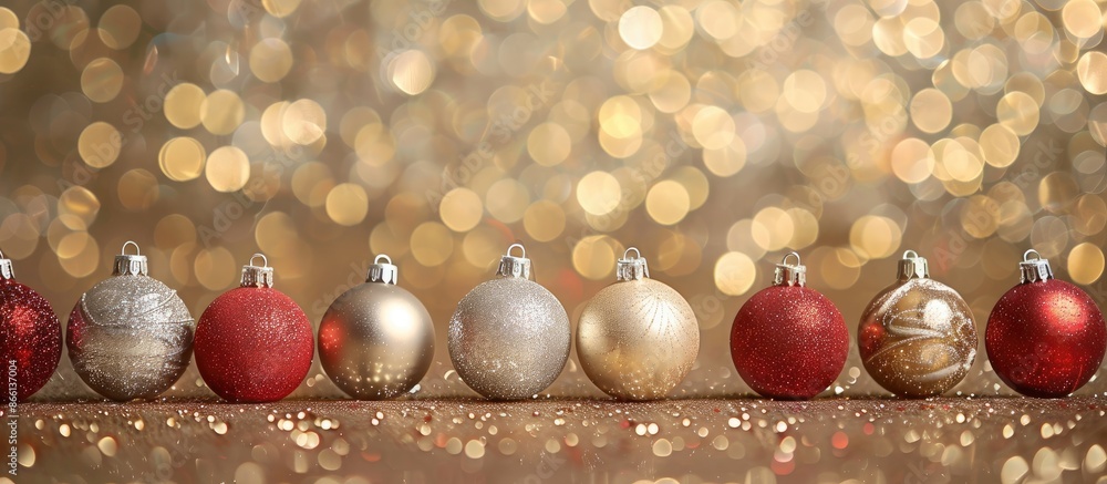 Poster red and silver christmas ornaments showcased against a sparkling gold background with space for text