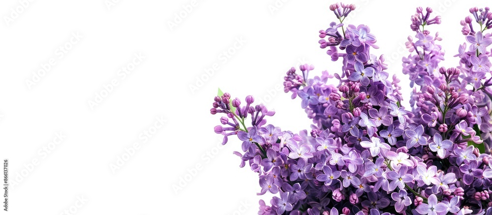 Poster a beautiful bouquet of lilac flowers set against a white background with plenty of space for text or
