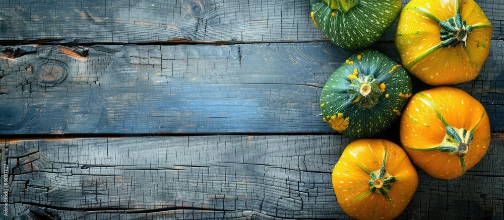Poster zucchini squashes on wooden background with copy space image.