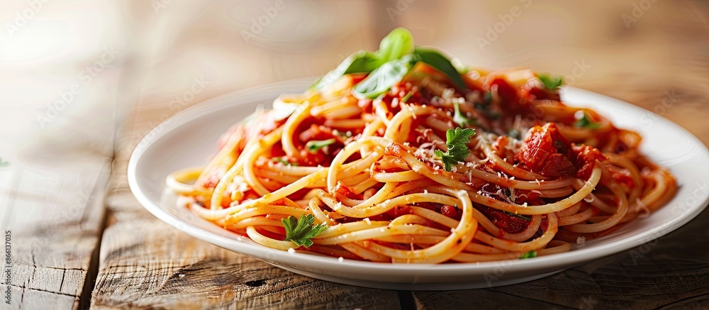 Poster beef pasta in napoli sauce served on a white plate with a wooden table backdrop in a copy space imag