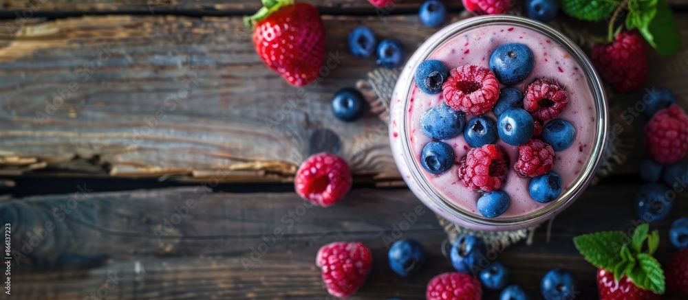 Aufkleber Top view of a wooden table with a raspberry smoothie, cake, and berries, providing copy space in the image.