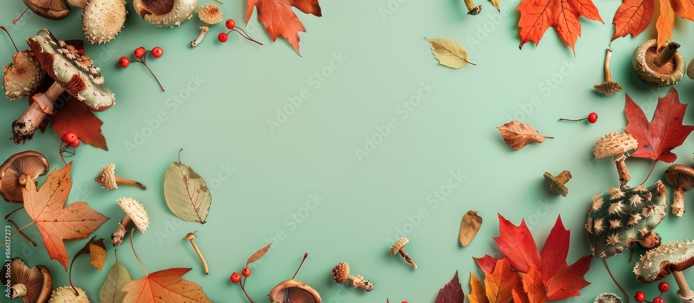 Poster Top view flat lay with a frame crafted from autumn leaves and mushrooms on a soft green backdrop, ideal for a copy space image.